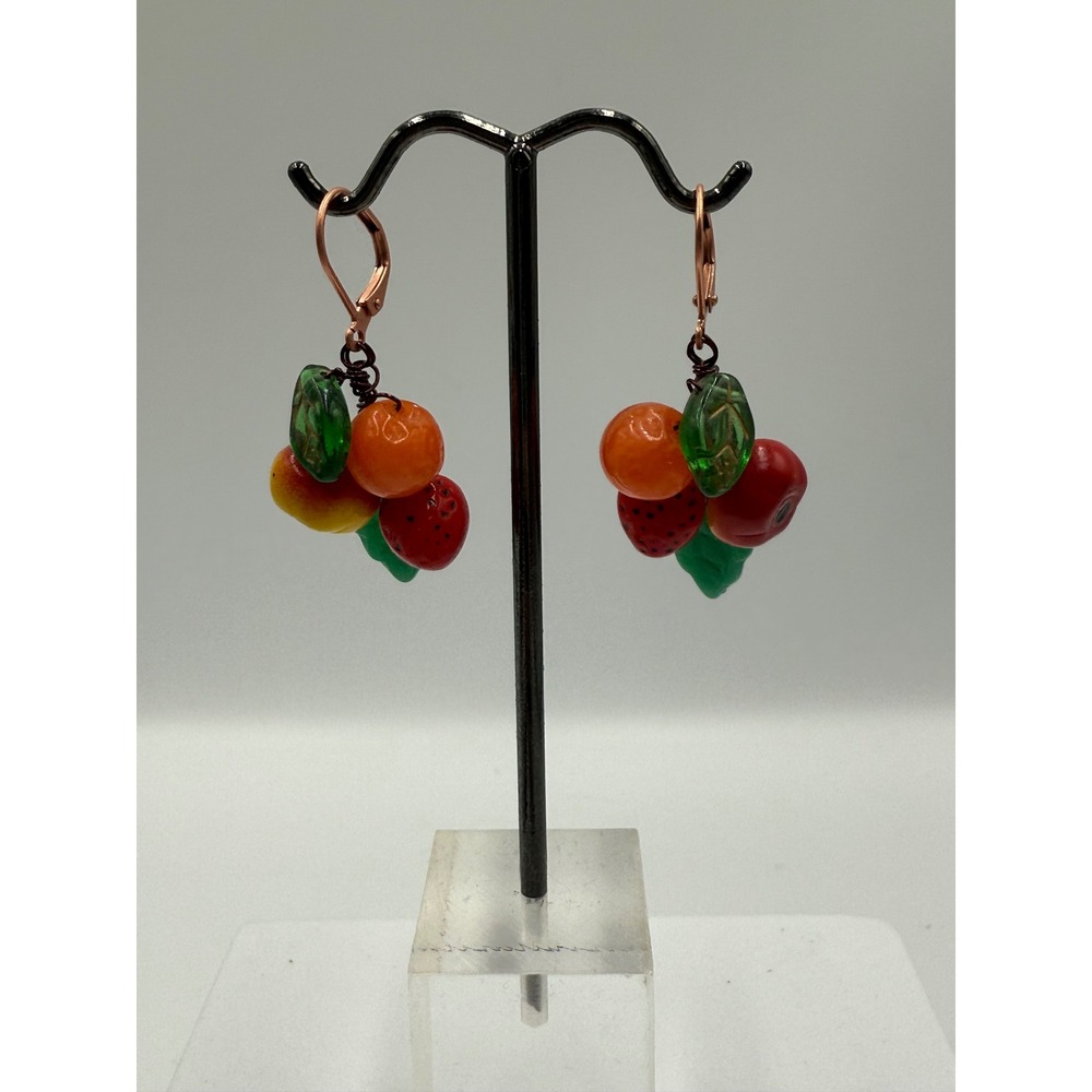 Fruit Cluster Glass Bead Drop Earrings Copper Leverback Strawberry Orange‎ Apple